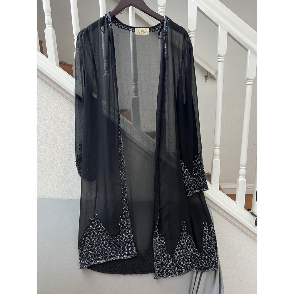 Scala Black Sheer Beaded Duster Cardigan Gunmetal Honeycomb Bead Mesh Cover‎ Up